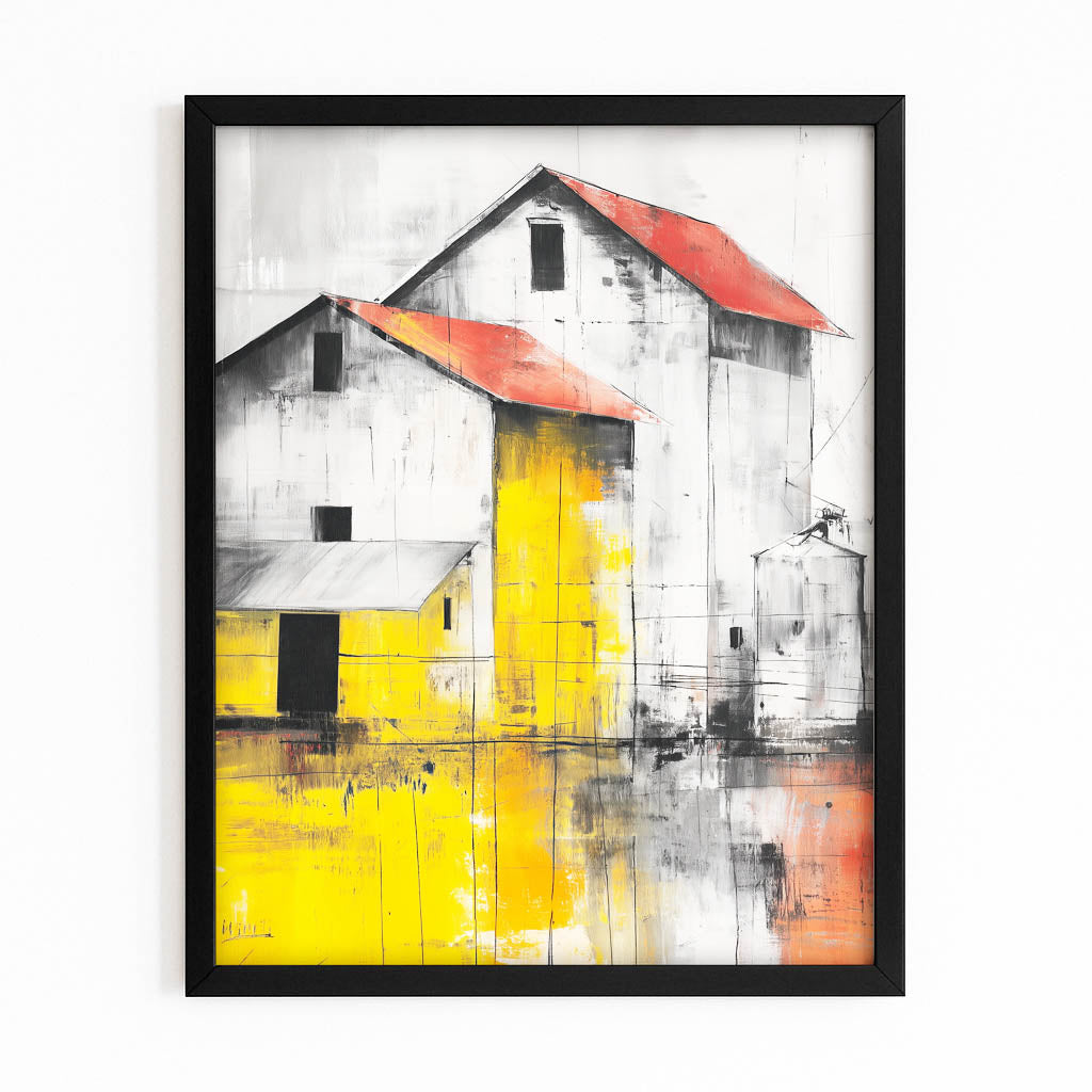 Yellow Red Barn Farmhouse Prints – with Premium Black frame on white background