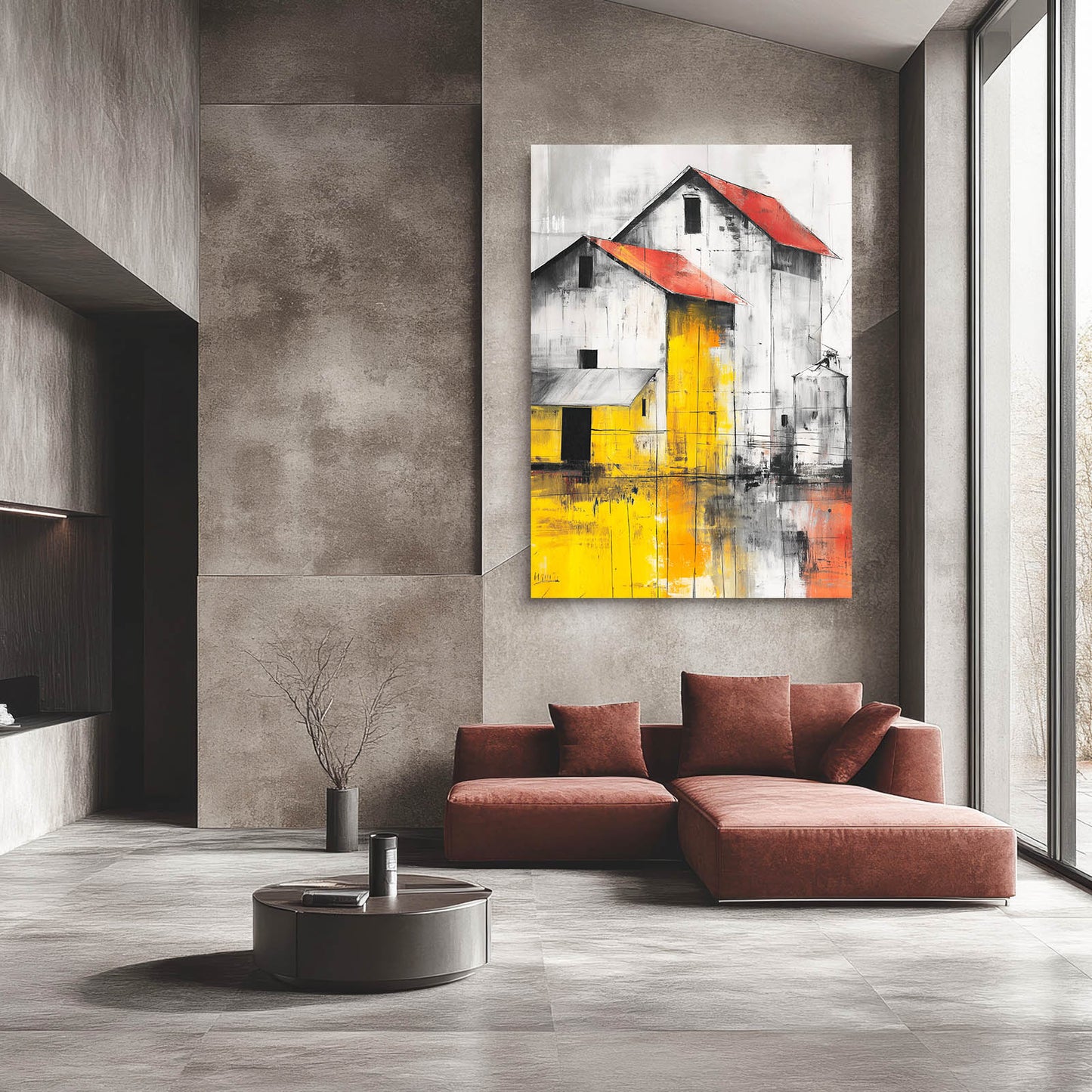 Yellow Red Barn Farmhouse Prints – styled in a furnished interior