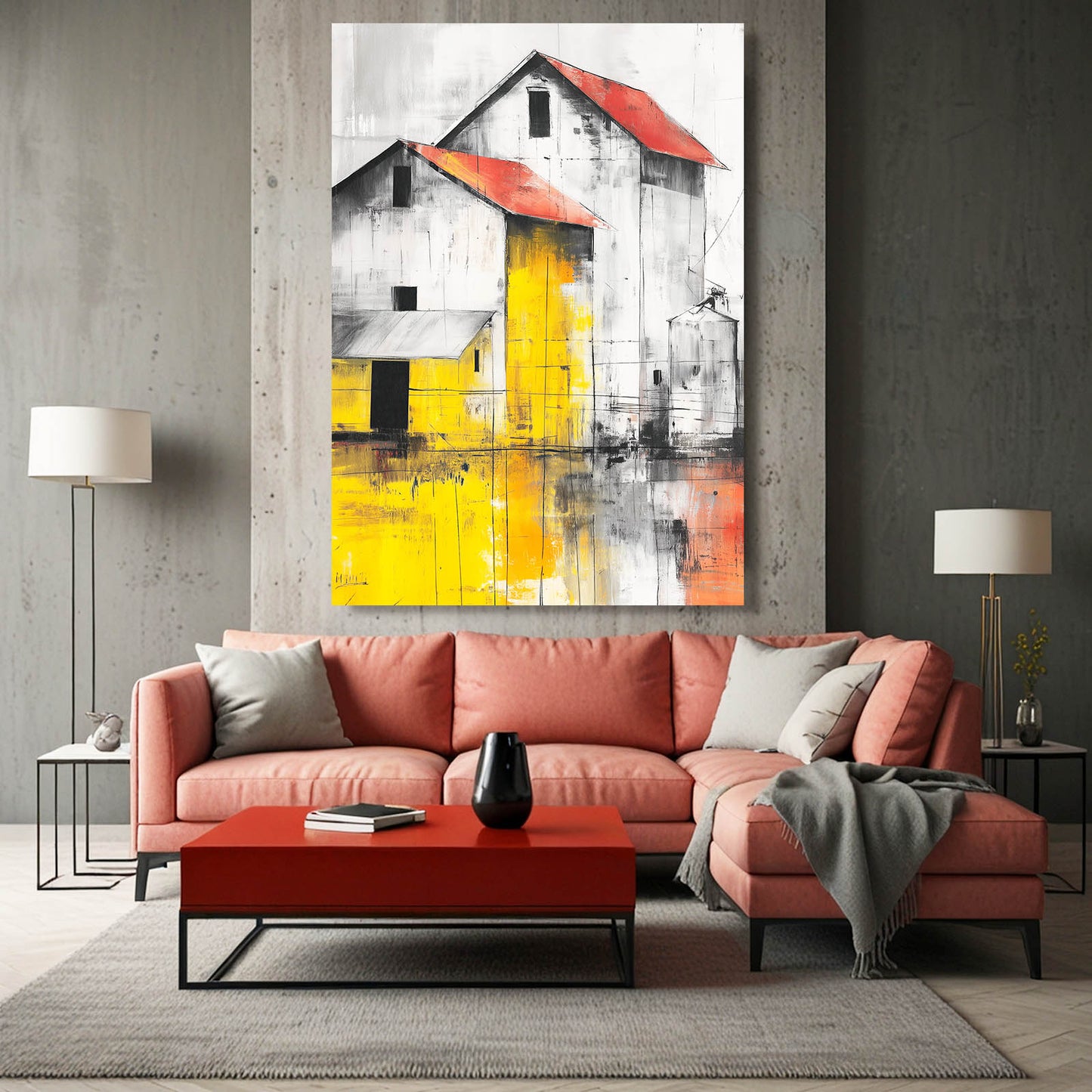 Yellow Red Barn Farmhouse Prints – styled in a furnished interior
