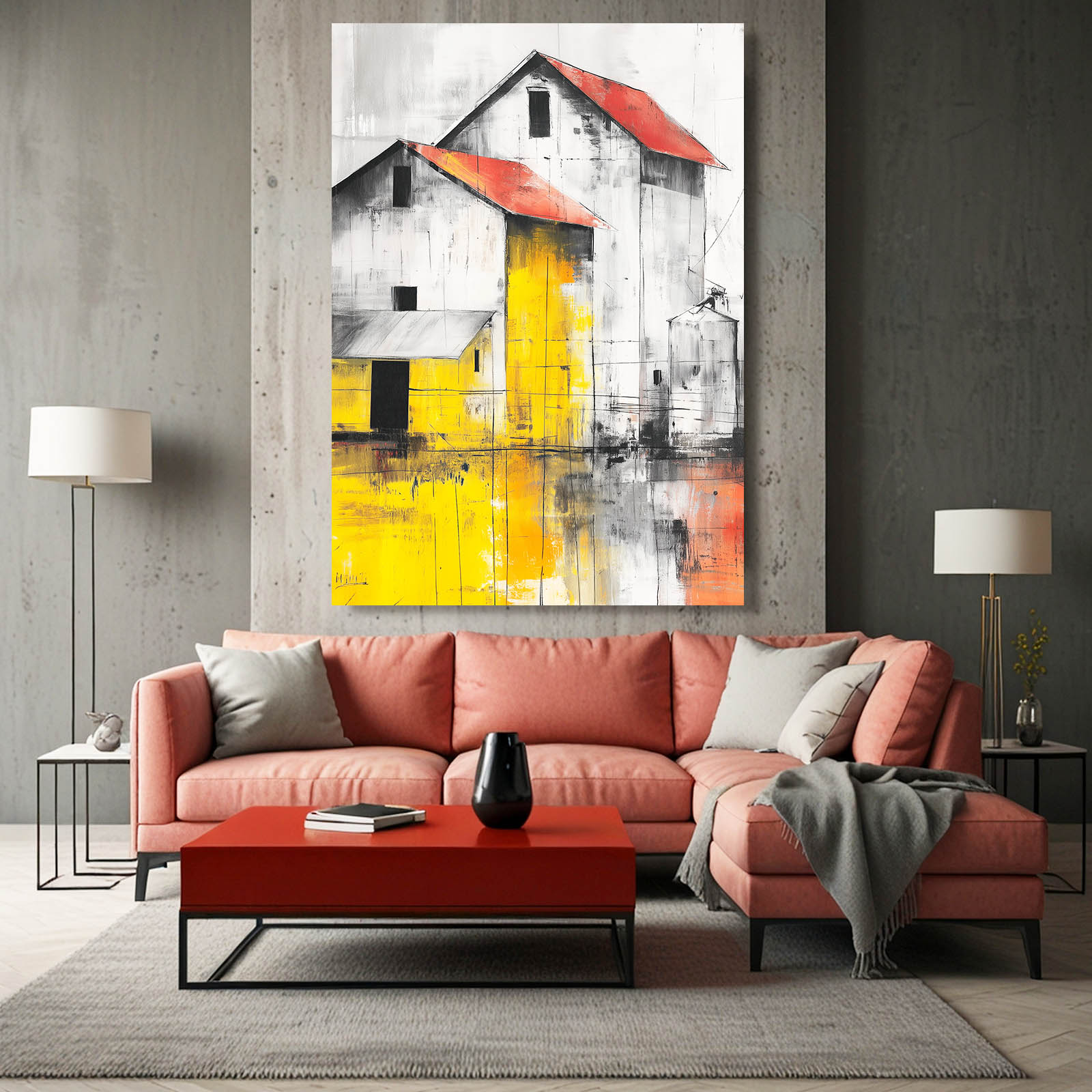 Yellow Red Barn Farmhouse Prints – styled in a furnished interior