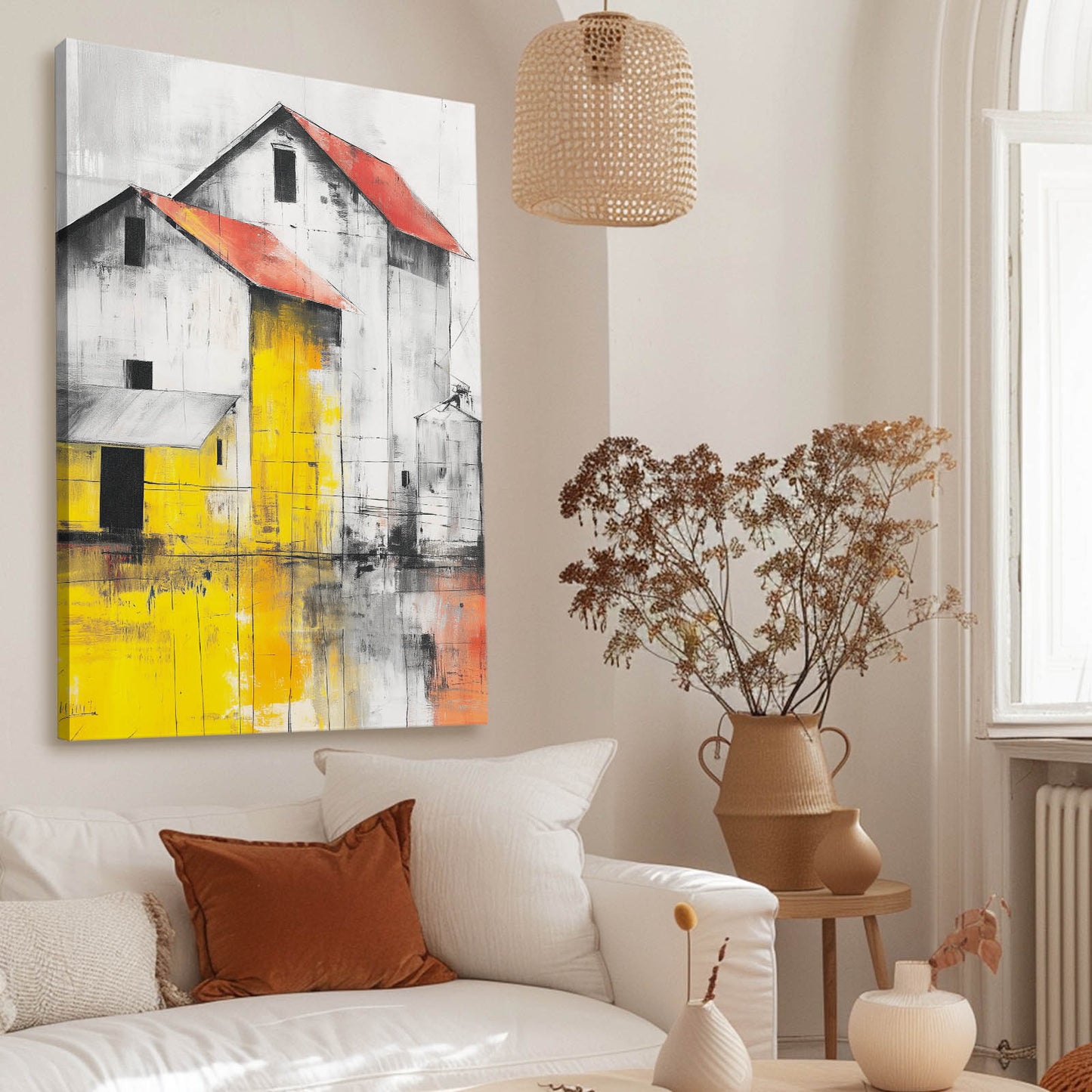 Yellow Red Barn Farmhouse Prints – styled in a furnished interior