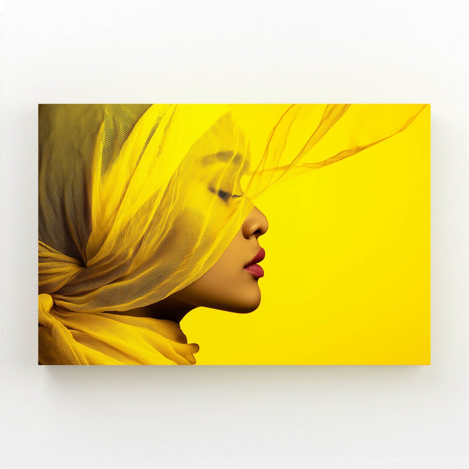 Yellow Silk Profile Photography Wall Art – woman's profile wrapped in flowing yellow silk with scarlet lips