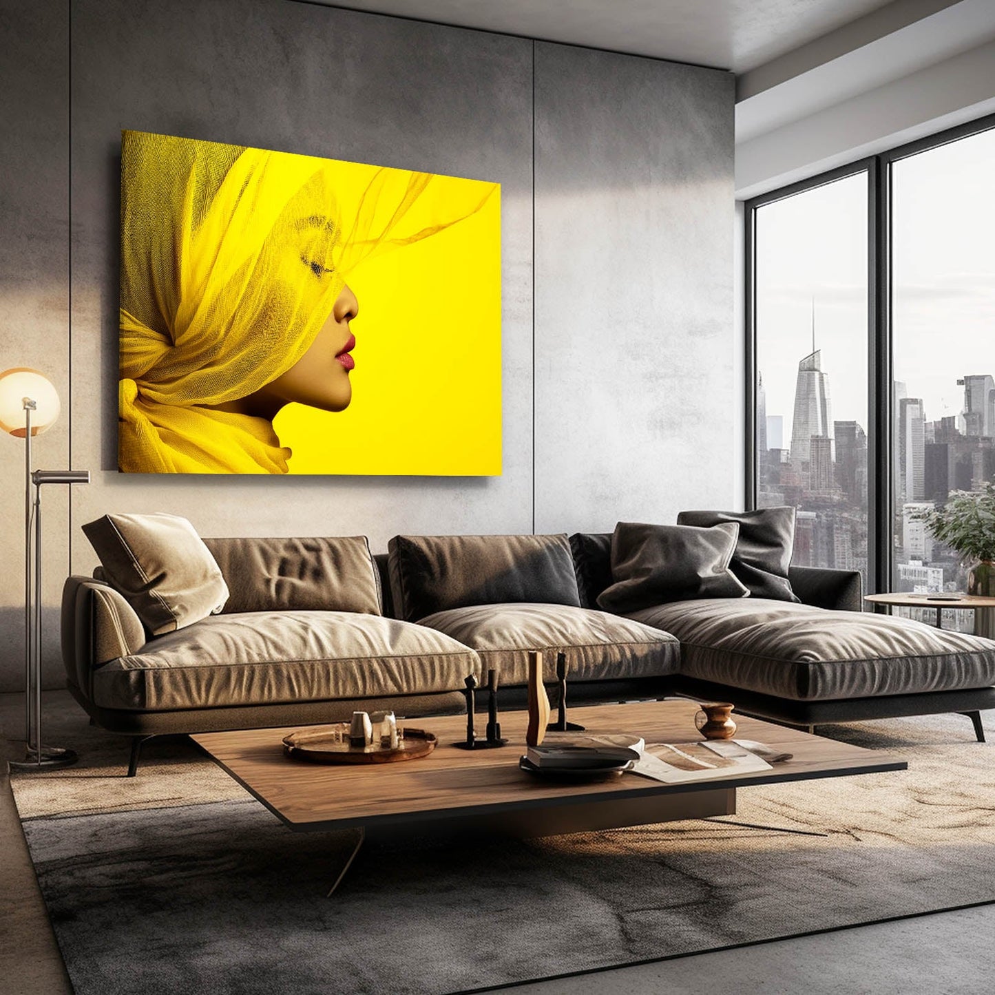 Yellow Silk Profile Photography Wall Art – above a grey sofa in an urban loft