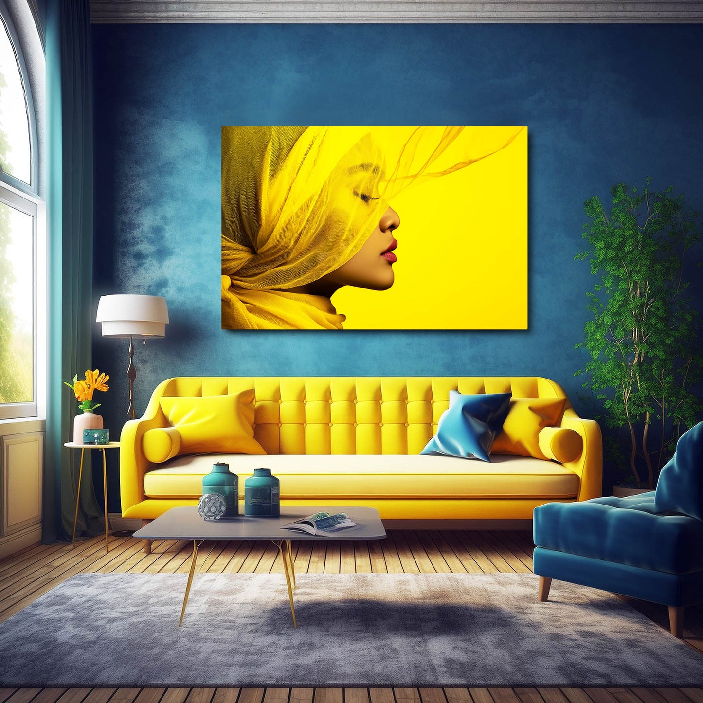 Yellow Silk Profile Photography Wall Art – above a yellow sofa on a deep blue wall