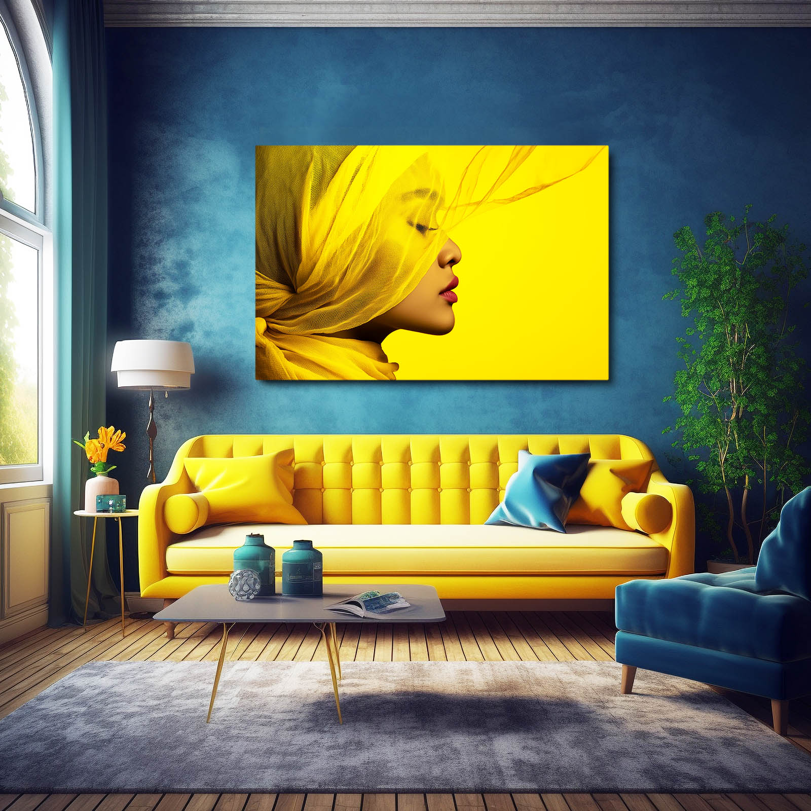 Yellow Silk Profile Photography Wall Art – above a yellow sofa on a deep blue wall