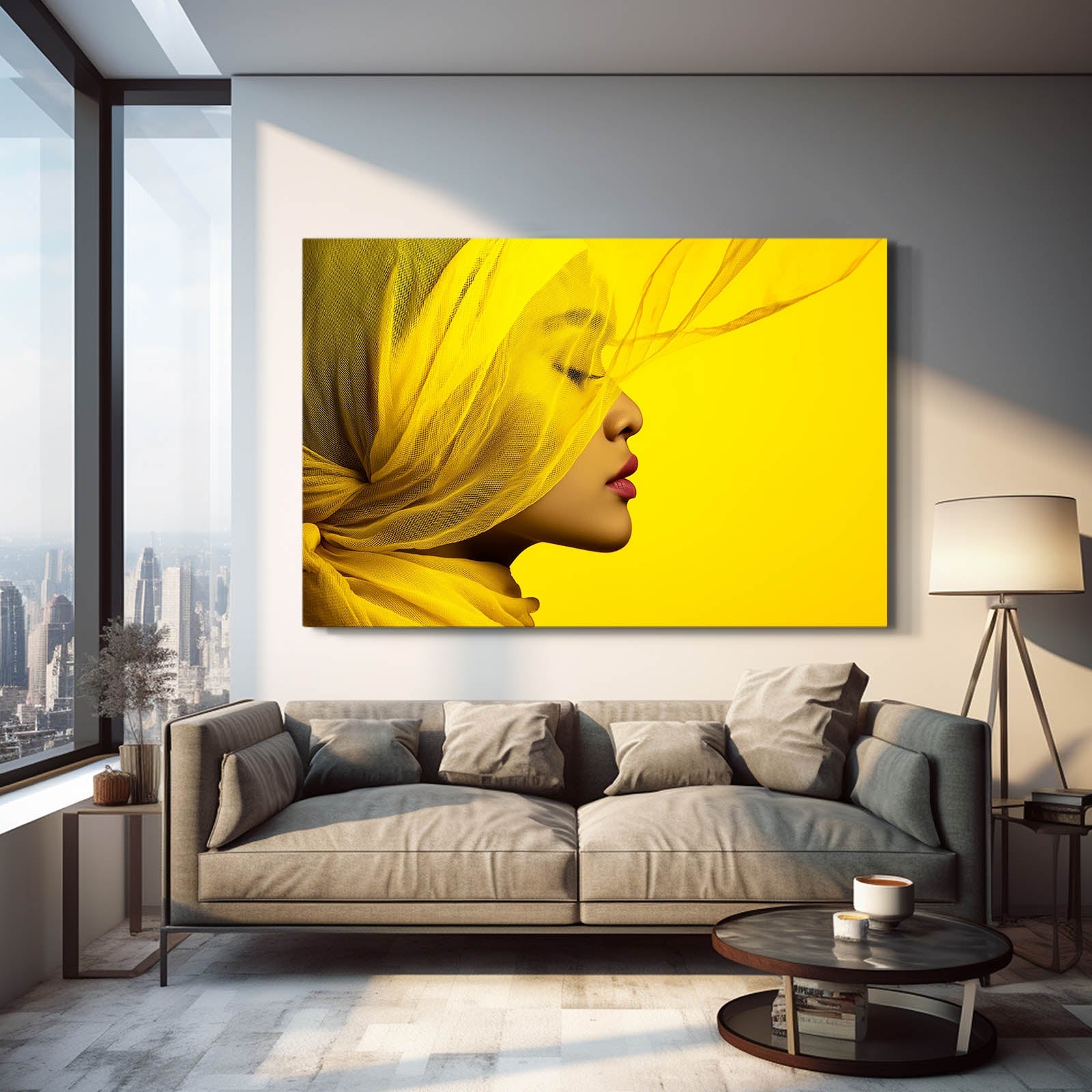 Yellow Silk Profile Photography Wall Art – above a beige sofa by the window