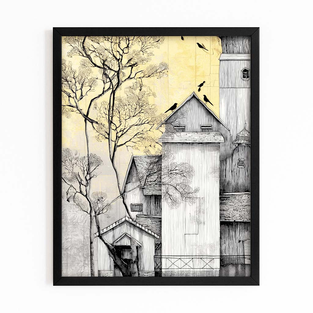 Yellow Sky Farmhouse Farmhouse Prints – with Premium Black frame on white background