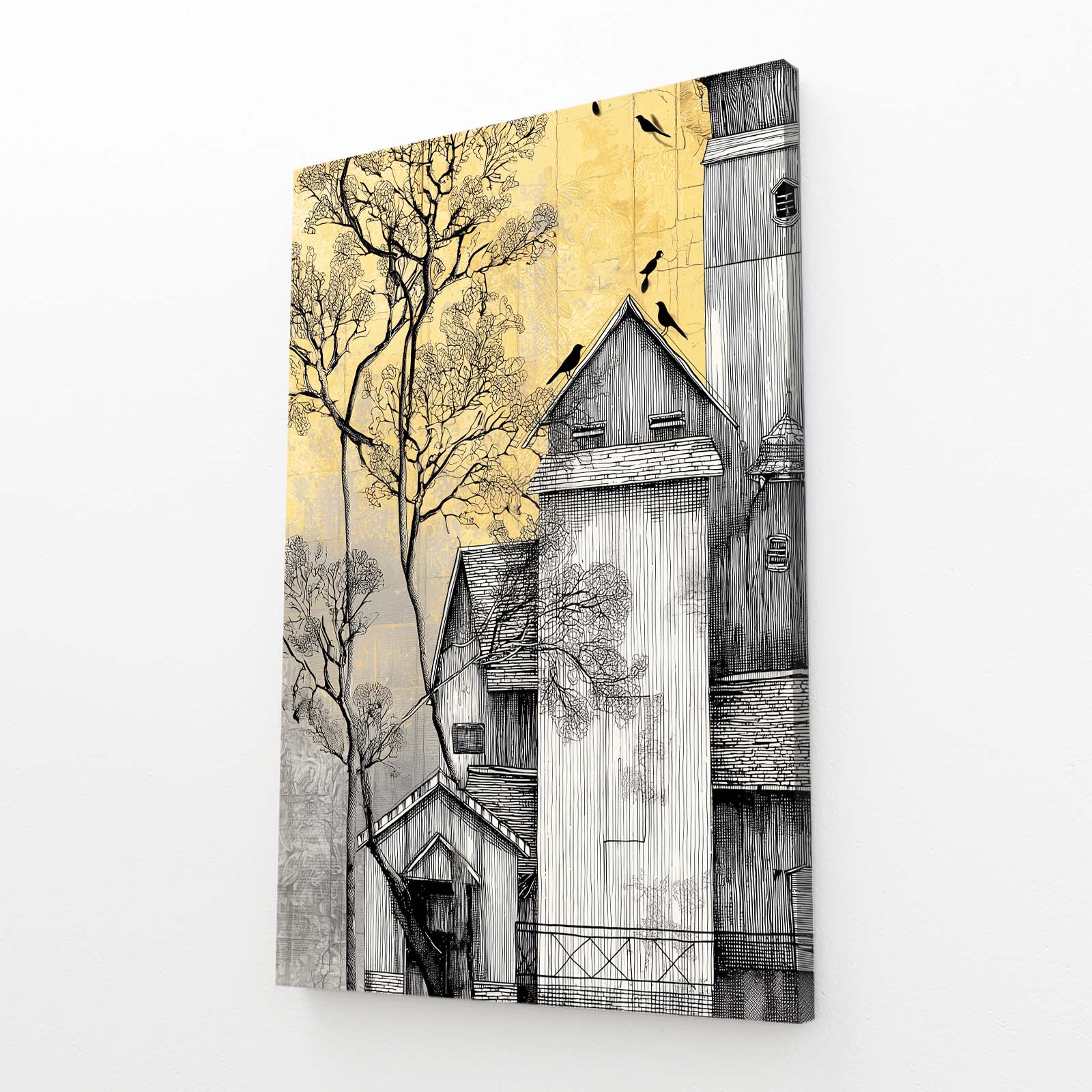 Yellow Sky Farmhouse Farmhouse Prints – angled canvas view on white background