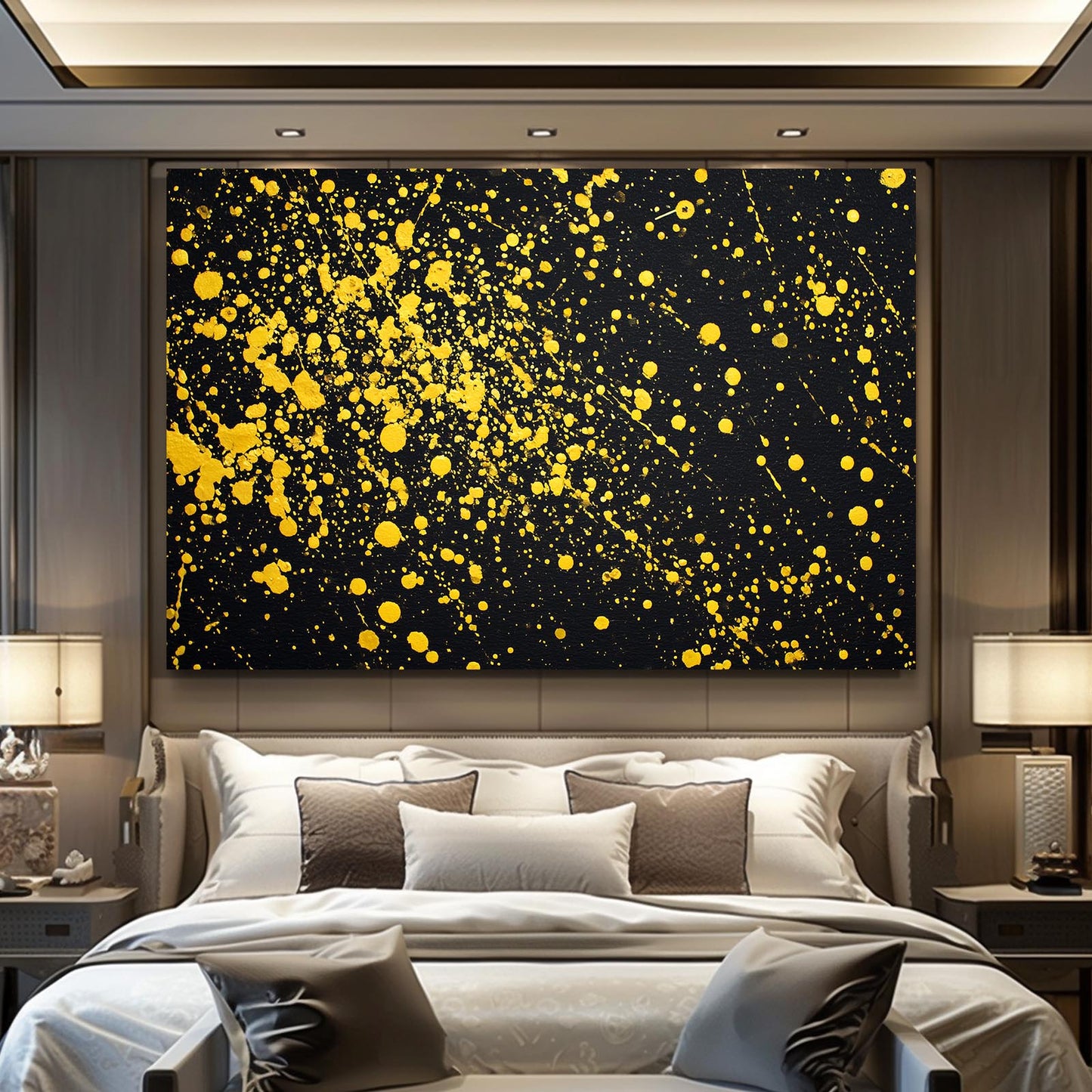 Yellow Splatter Field Gold Prints – styled in a furnished interior