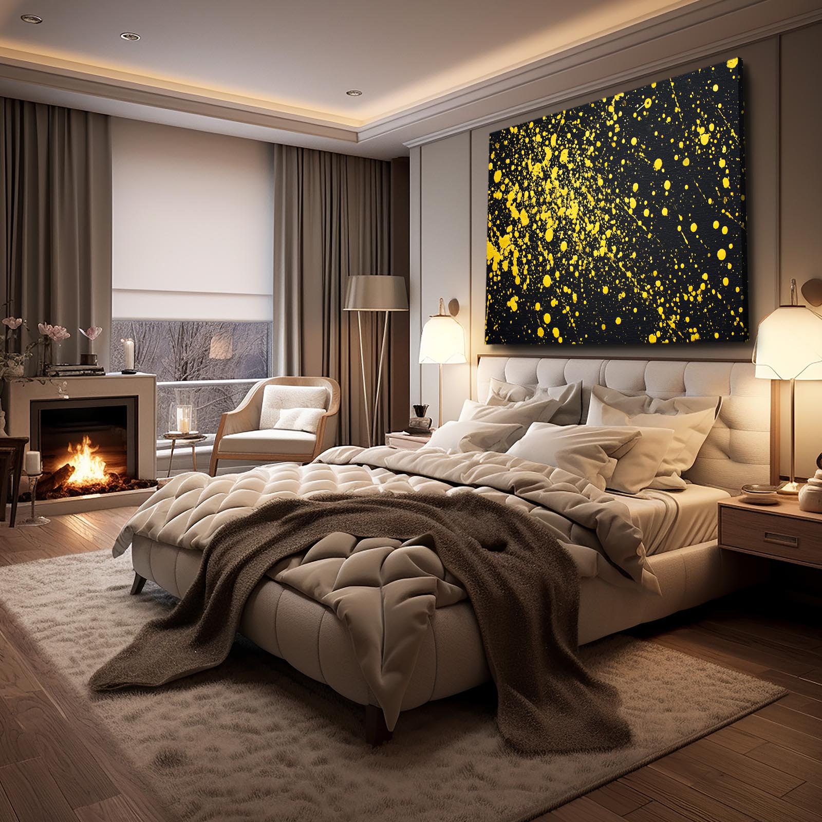 Yellow Splatter Field Gold Prints – styled in a furnished interior