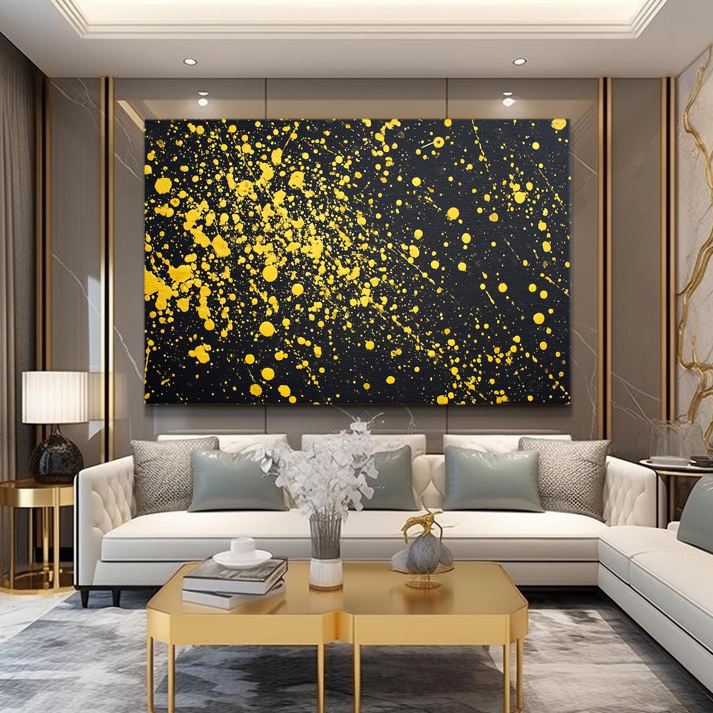 Yellow Splatter Field Gold Prints – styled in a furnished interior