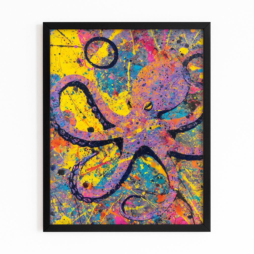 Yellow Splatter Pop Octopus Canvas Art – with Premium Black frame on white background