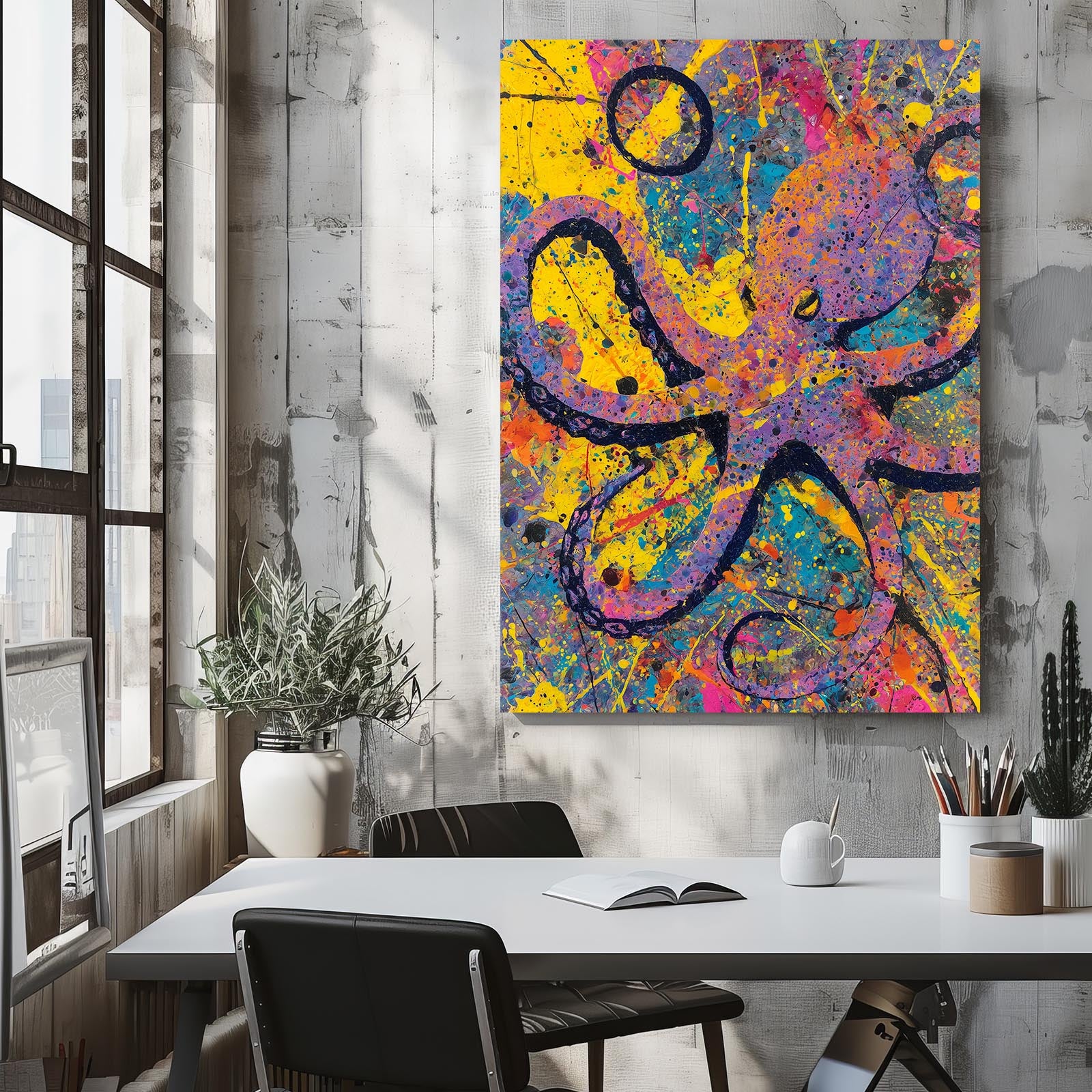 Yellow Splatter Pop Octopus Canvas Art – styled in a furnished interior