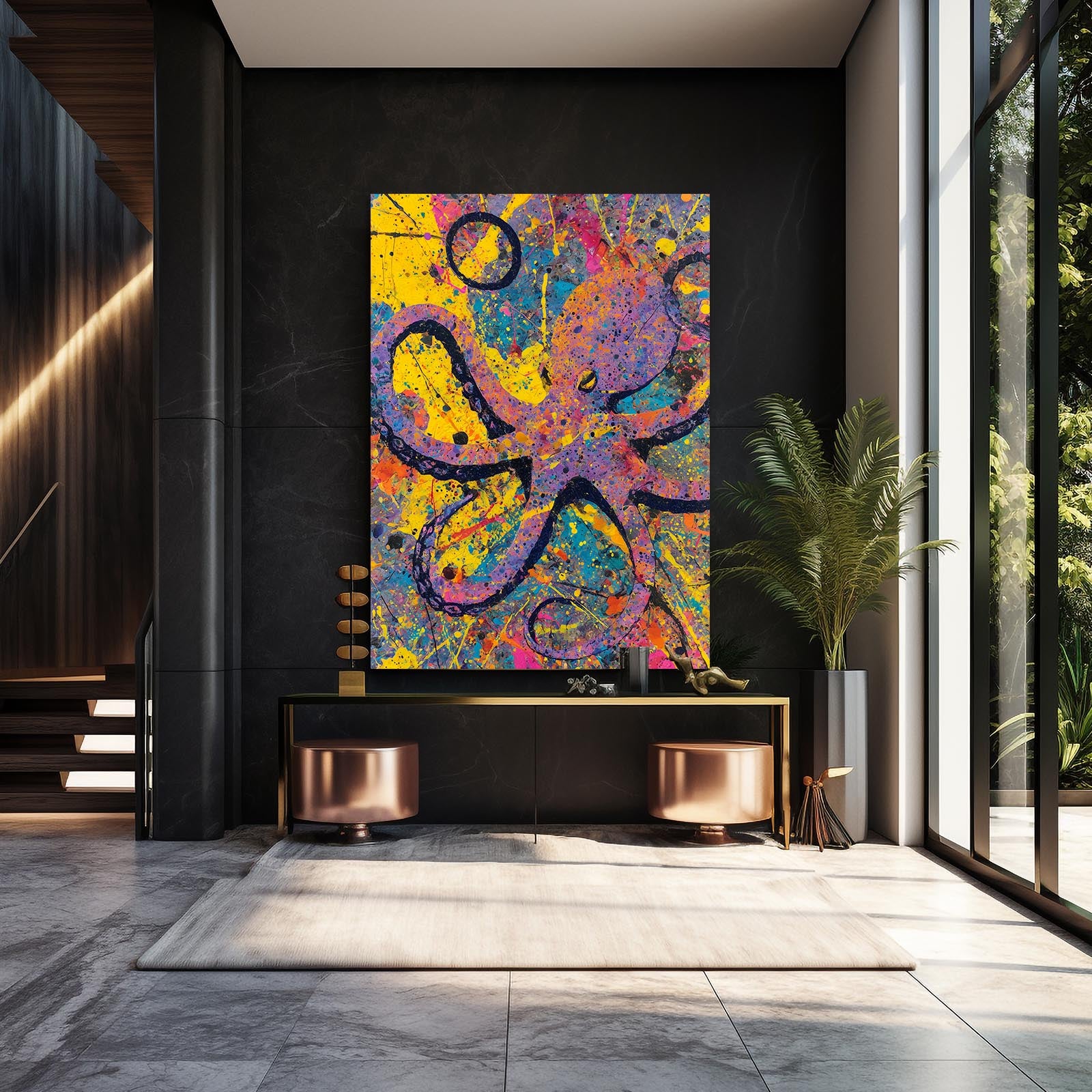 Yellow Splatter Pop Octopus Canvas Art – styled in a furnished interior