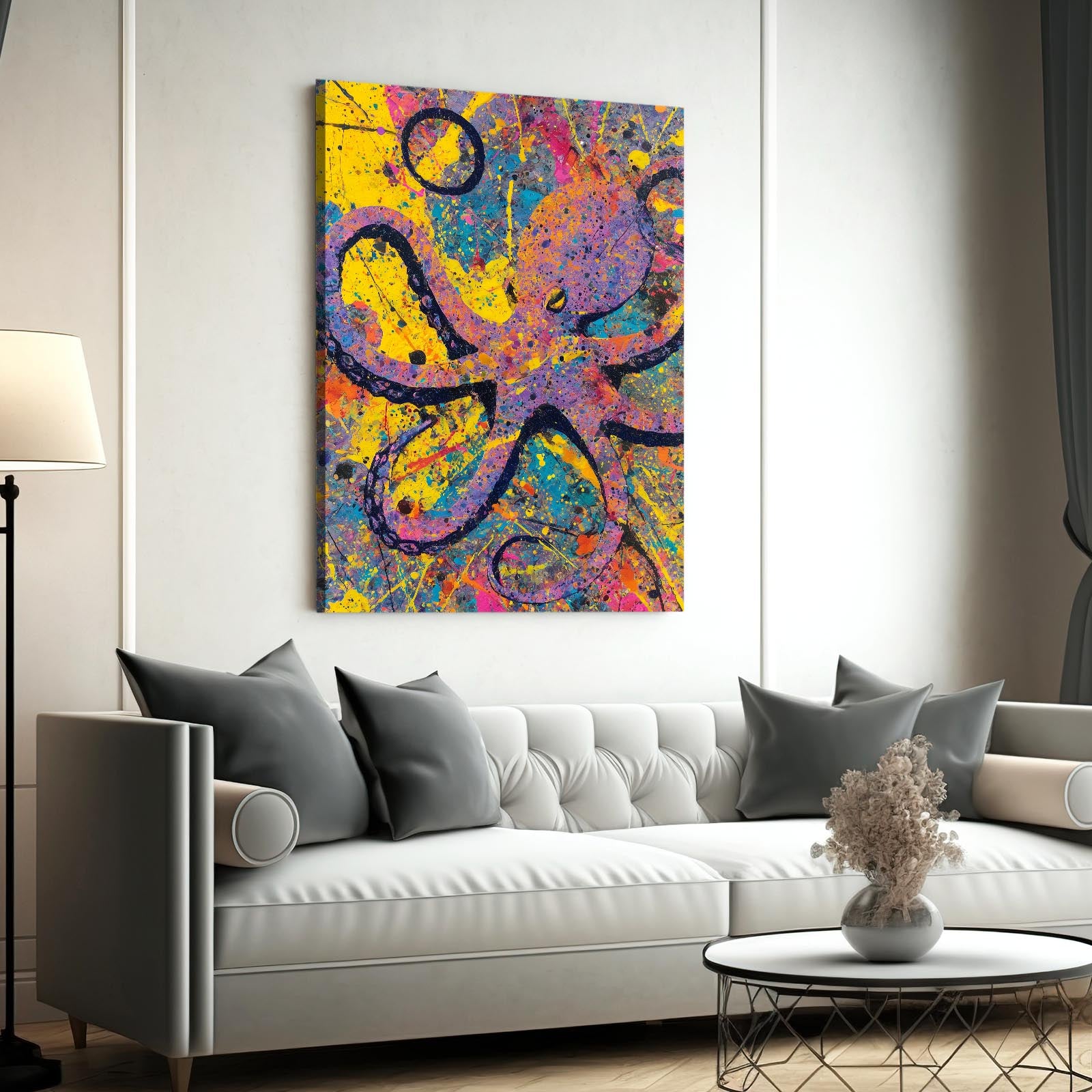 Yellow Splatter Pop Octopus Canvas Art – styled in a furnished interior