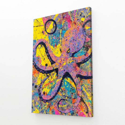Yellow Splatter Pop Octopus Canvas Art – angled canvas view on white background