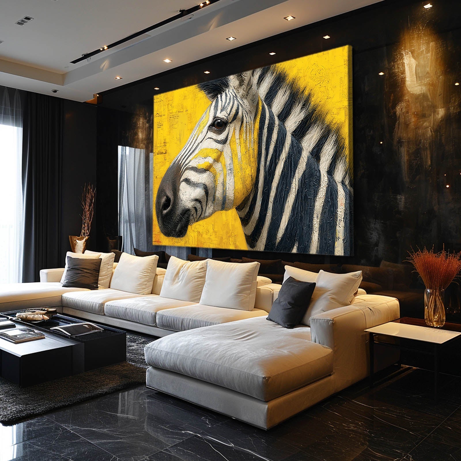 Yellow Zebra Art – styled in a furnished interior