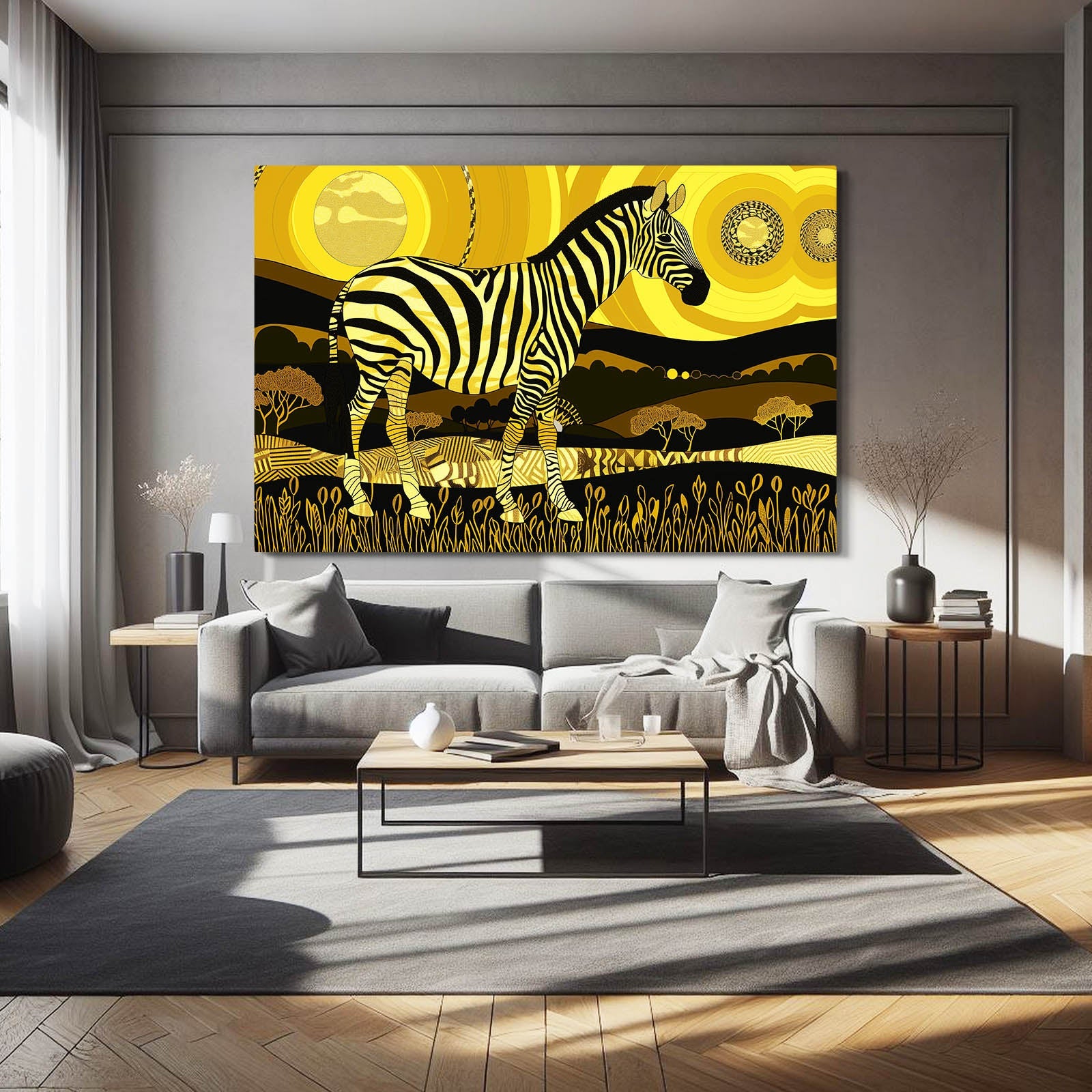 Yellow Zebra Canvas Art – styled in a furnished interior
