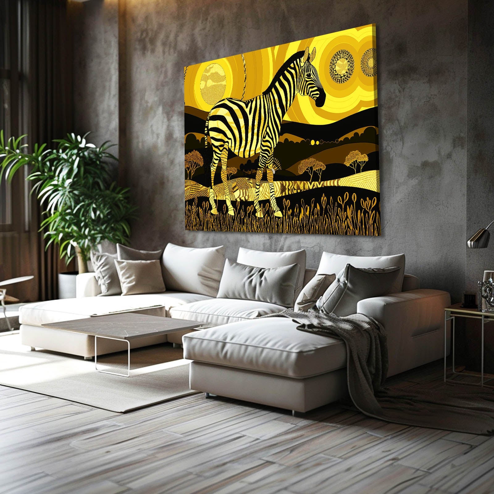 Yellow Zebra Canvas Art – styled in a furnished interior