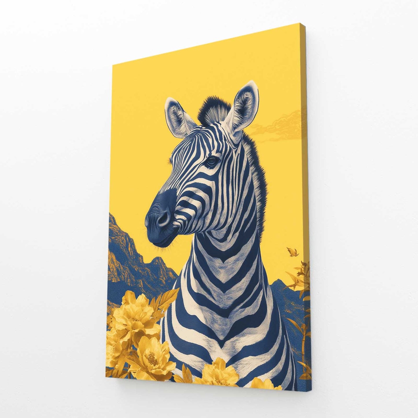 Yellow Zebra Wall Art – angled canvas view on white background