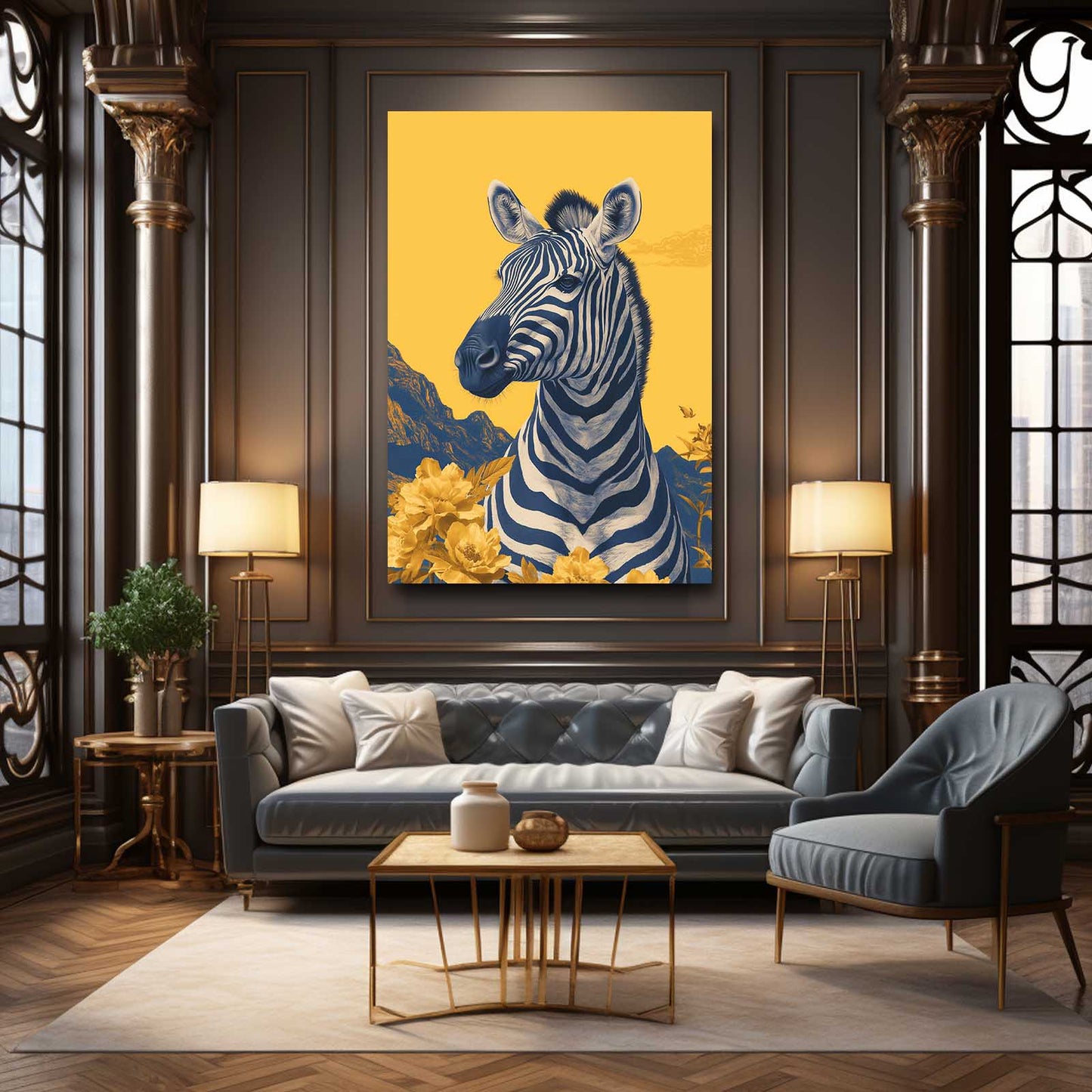 Yellow Zebra Wall Art – styled in a furnished interior