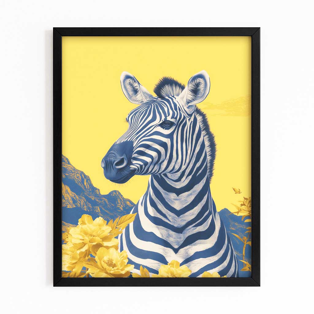 Yellow Zebra Wall Art – with Premium Black frame on white background
