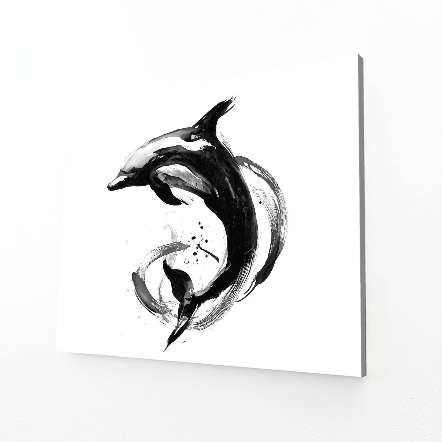 Yin Yang Ink Dolphin Art – angled canvas view on white background