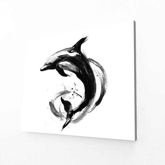 Yin Yang Ink Dolphin Art – angled canvas view on white background