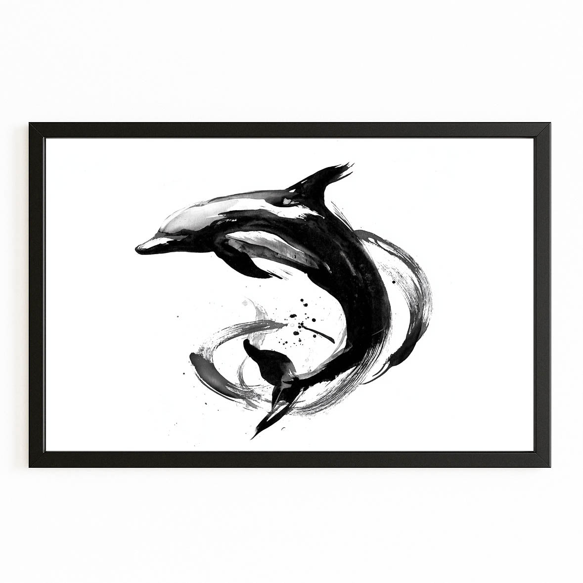 Yin Yang Ink Dolphin Art – with Premium Black wood frame on white background