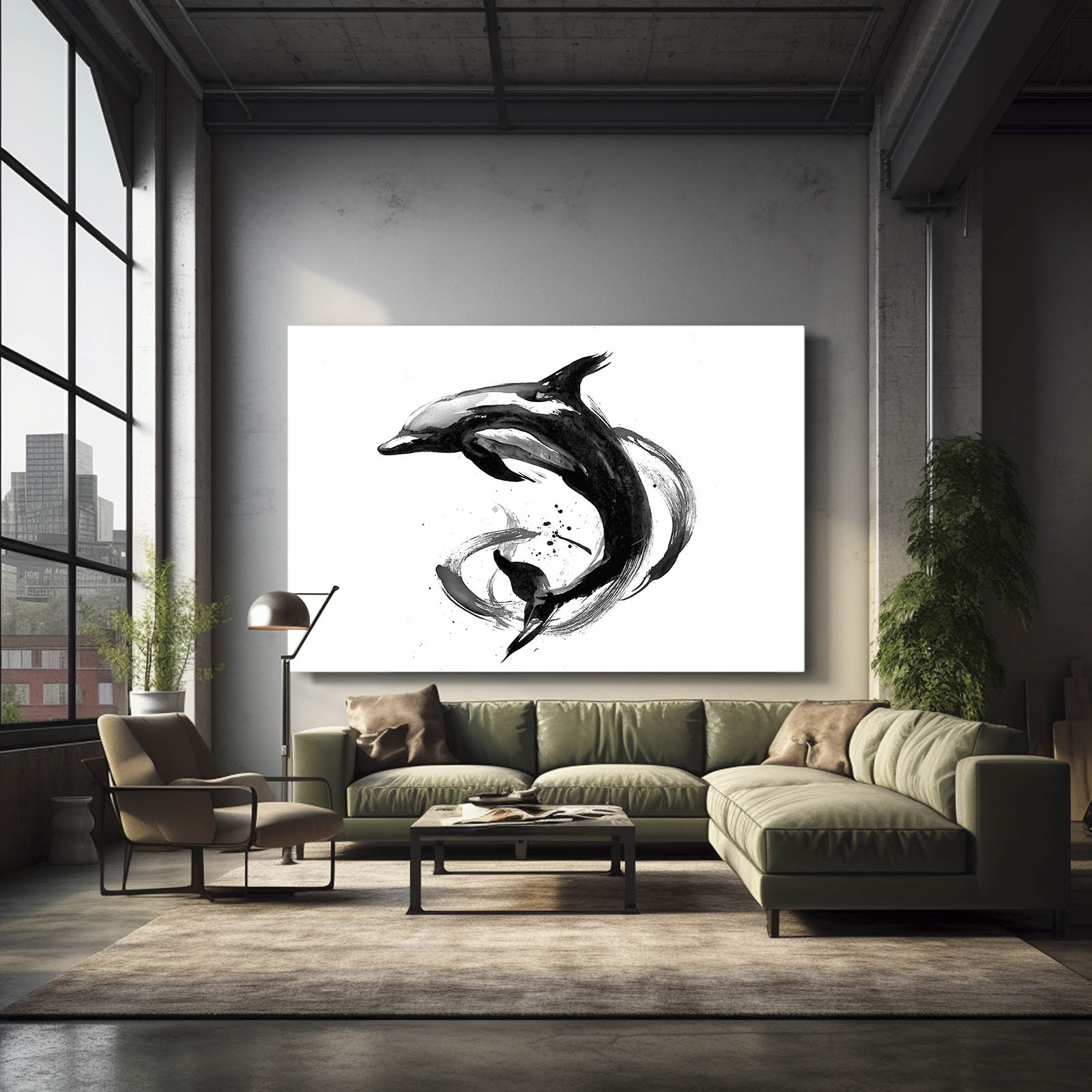 Yin Yang Ink Dolphin Art – styled in a furnished interior