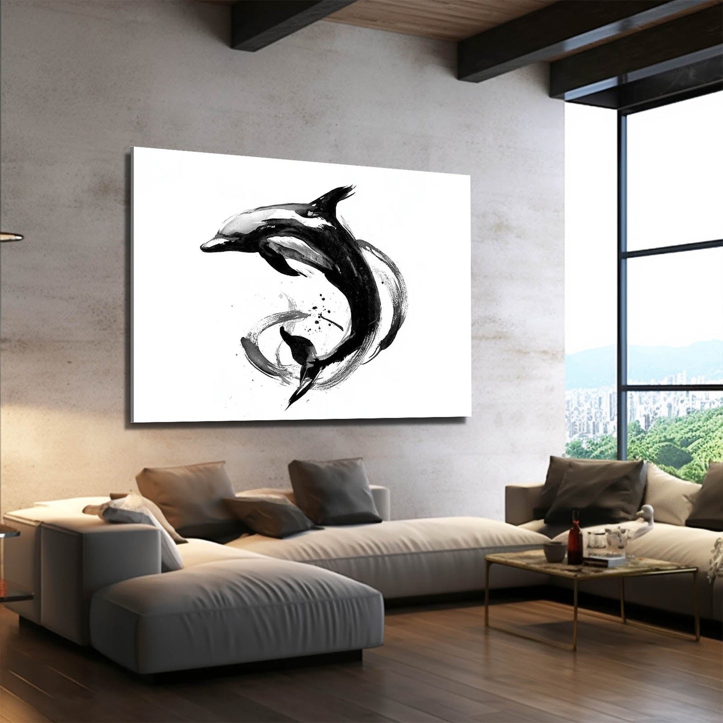 Yin Yang Ink Dolphin Art – styled in a furnished interior