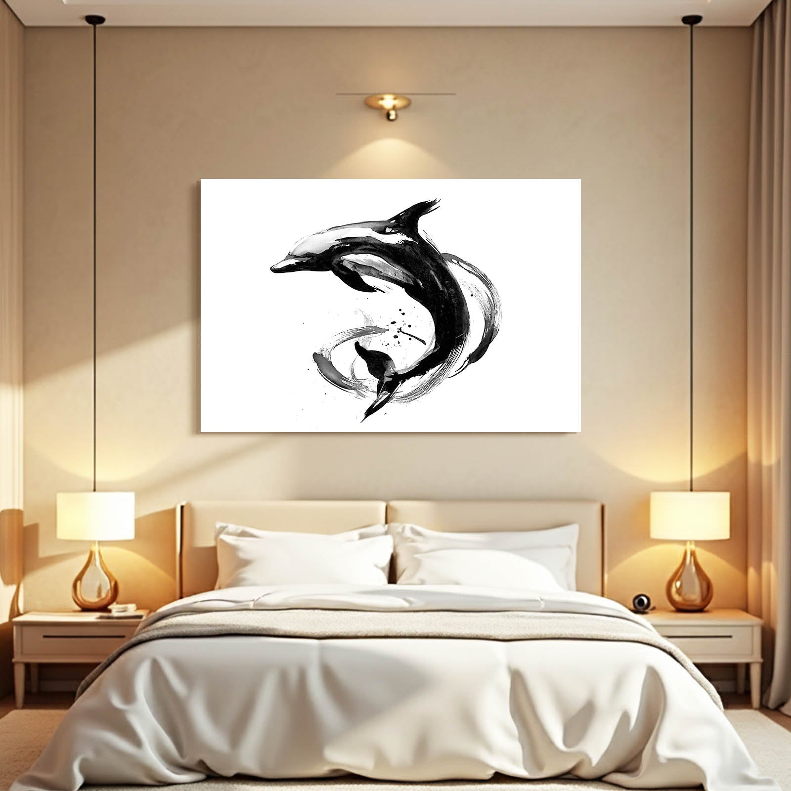 Yin Yang Ink Dolphin Art – styled in a furnished interior