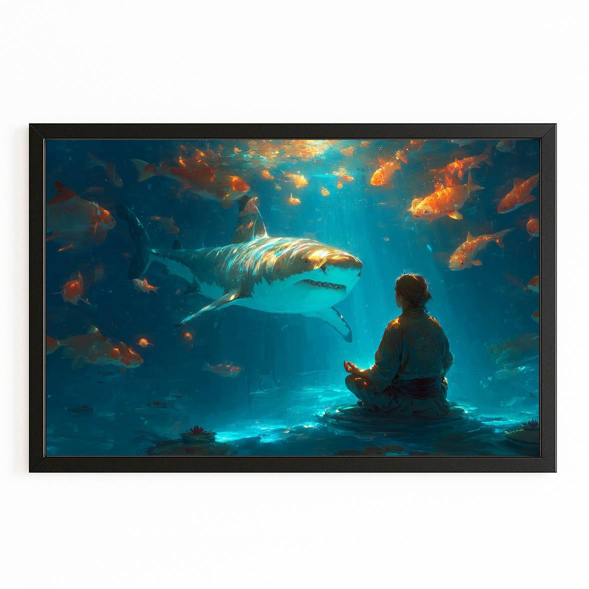Zen Aquarium Shark Art – with Premium Black frame on white background