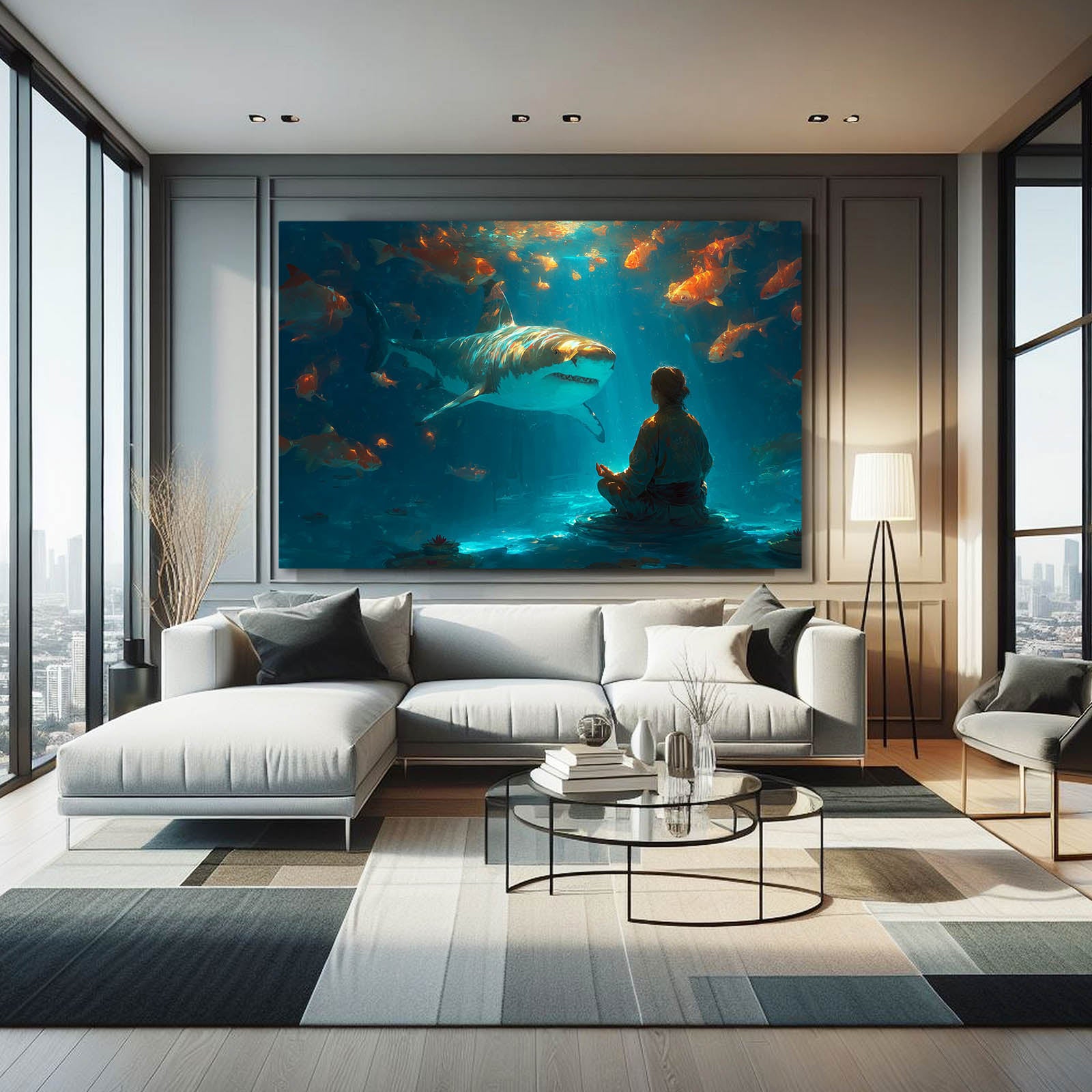 Zen Aquarium Shark Art – styled in a furnished interior
