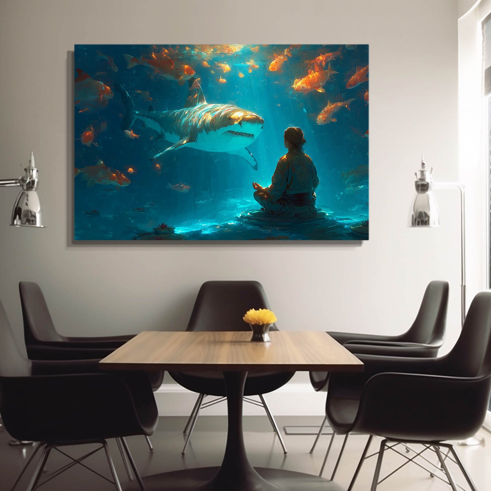 Zen Aquarium Shark Art – styled in a furnished interior