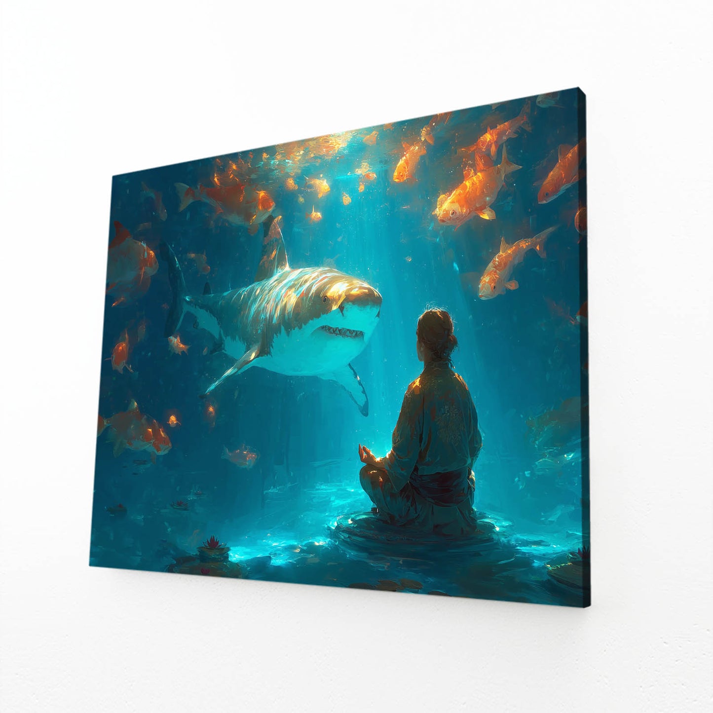 Zen Aquarium Shark Art – angled canvas view on white background
