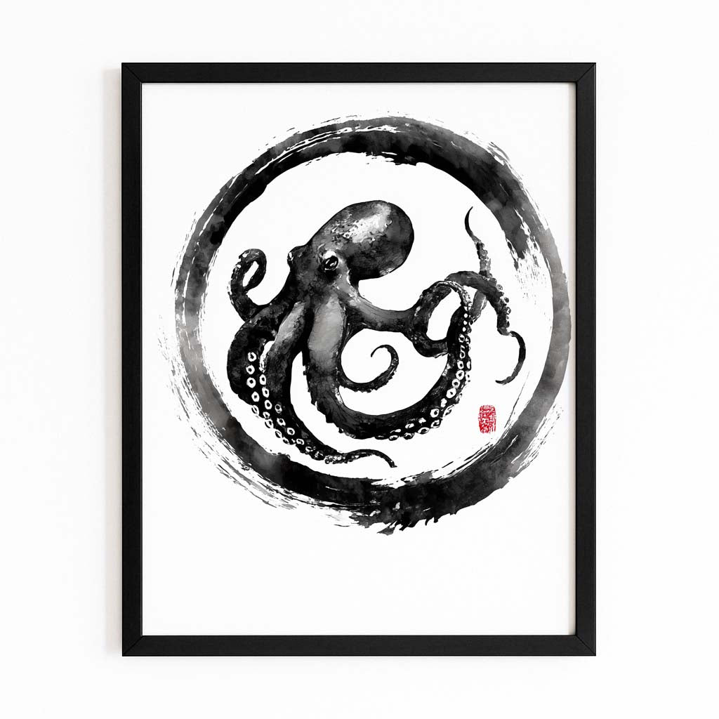 Zen Circle Ink Octopus Wall Art – with Premium Black frame on white background