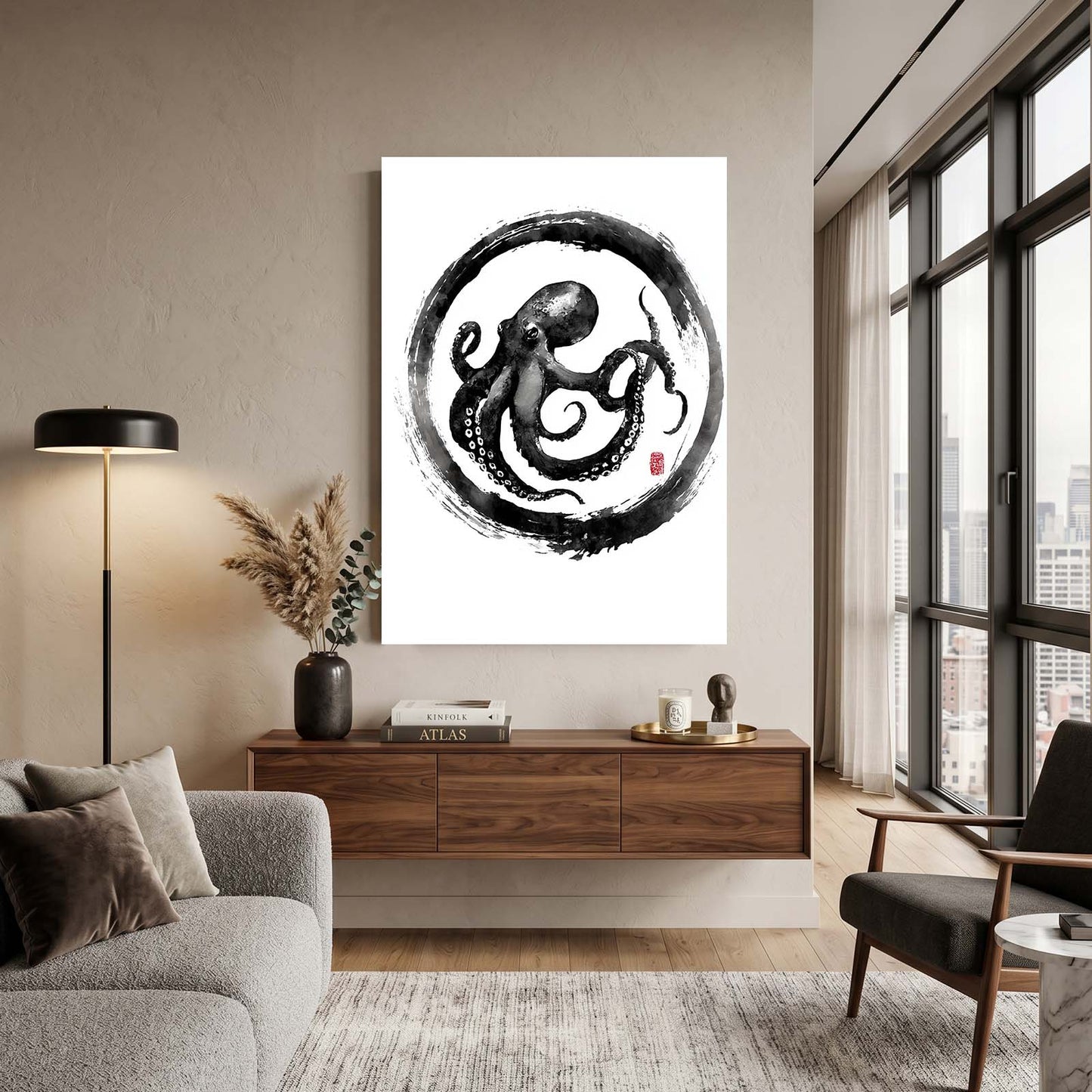 Zen Circle Ink Octopus Wall Art – styled in a furnished interior