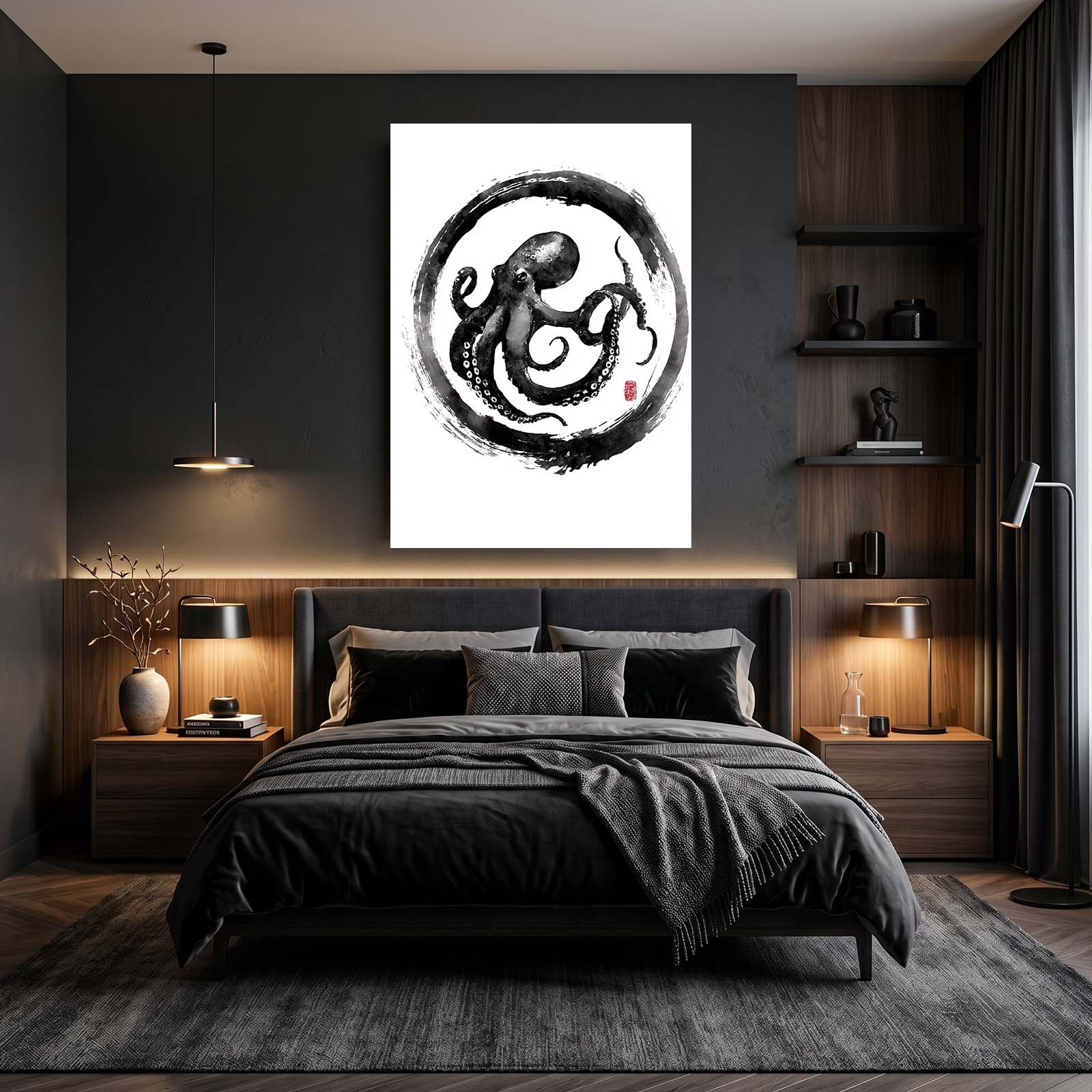 Zen Circle Ink Octopus Wall Art – styled in a furnished interior