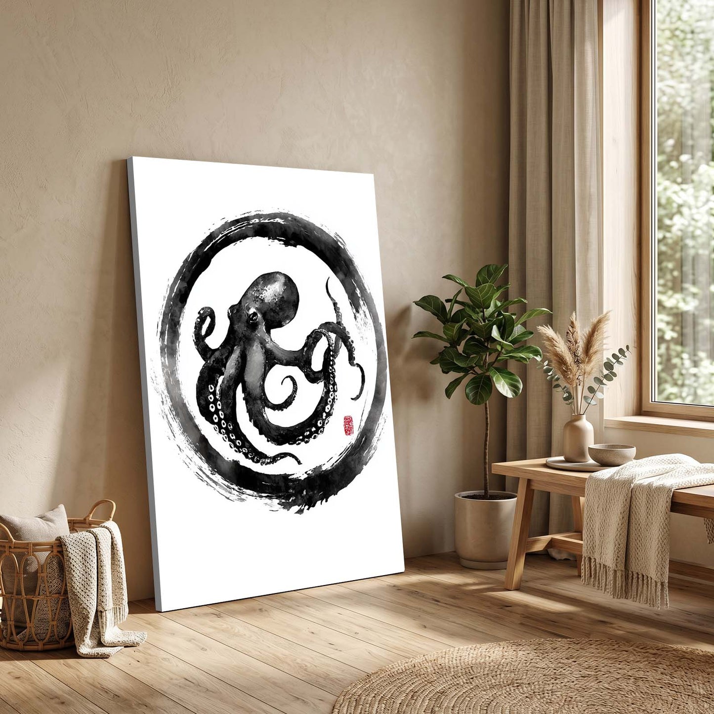 Zen Circle Ink Octopus Wall Art – styled in a furnished interior