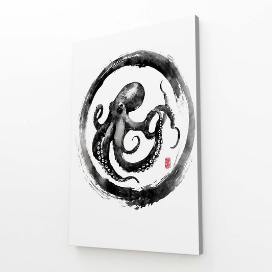 Zen Circle Ink Octopus Wall Art – angled canvas view on white background