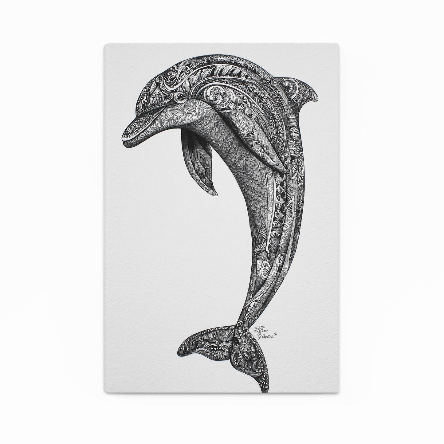 Zen Doodle Dolphin Wall Art – dolphin filled with intricate zen doodle patterns in pencil grey on white