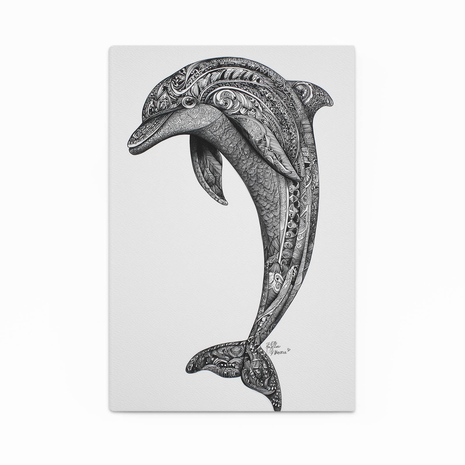 Zen Doodle Dolphin Wall Art – dolphin filled with intricate zen doodle patterns in pencil grey on white
