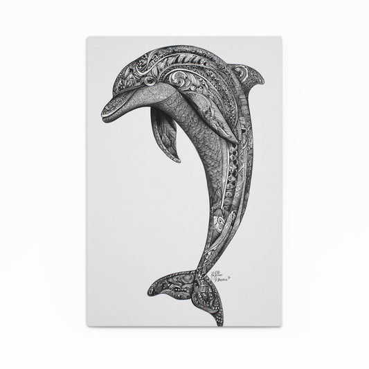 Zen Doodle Dolphin Wall Art – dolphin filled with intricate zen doodle patterns in pencil grey on white