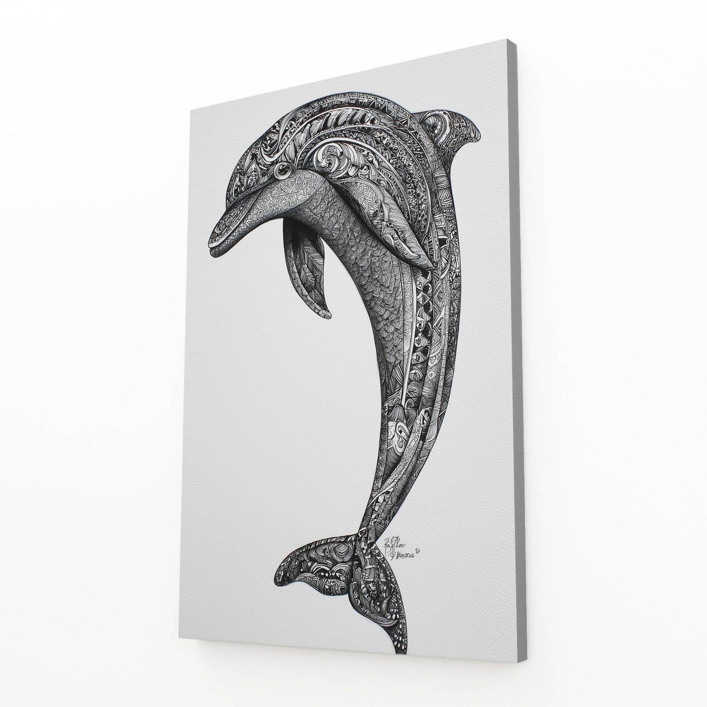 Zen Doodle Dolphin Wall Art – angled canvas view on white background
