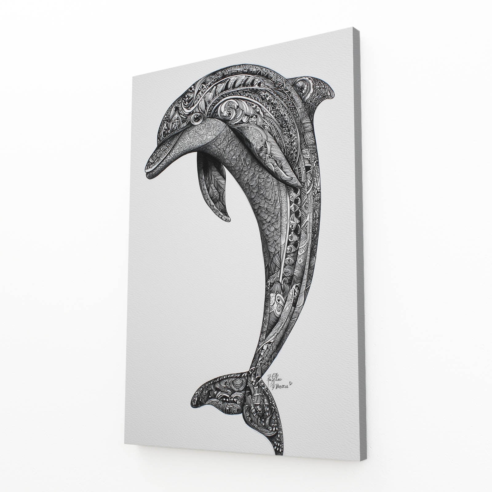 Zen Doodle Dolphin Wall Art – angled canvas view on white background