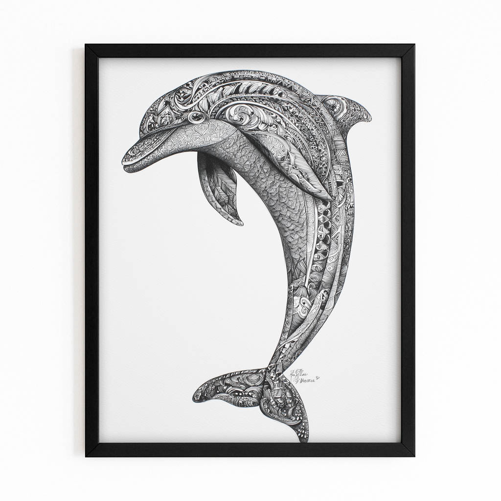 Zen Doodle Dolphin Wall Art – with Premium Black wood frame on white background