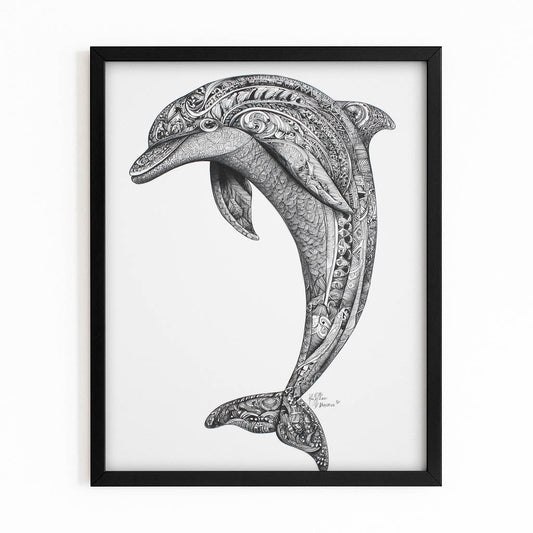 Zen Doodle Dolphin Wall Art – with Premium Black wood frame on white background