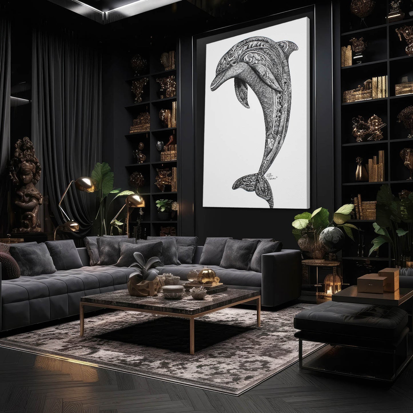Zen Doodle Dolphin Wall Art – styled in a furnished interior