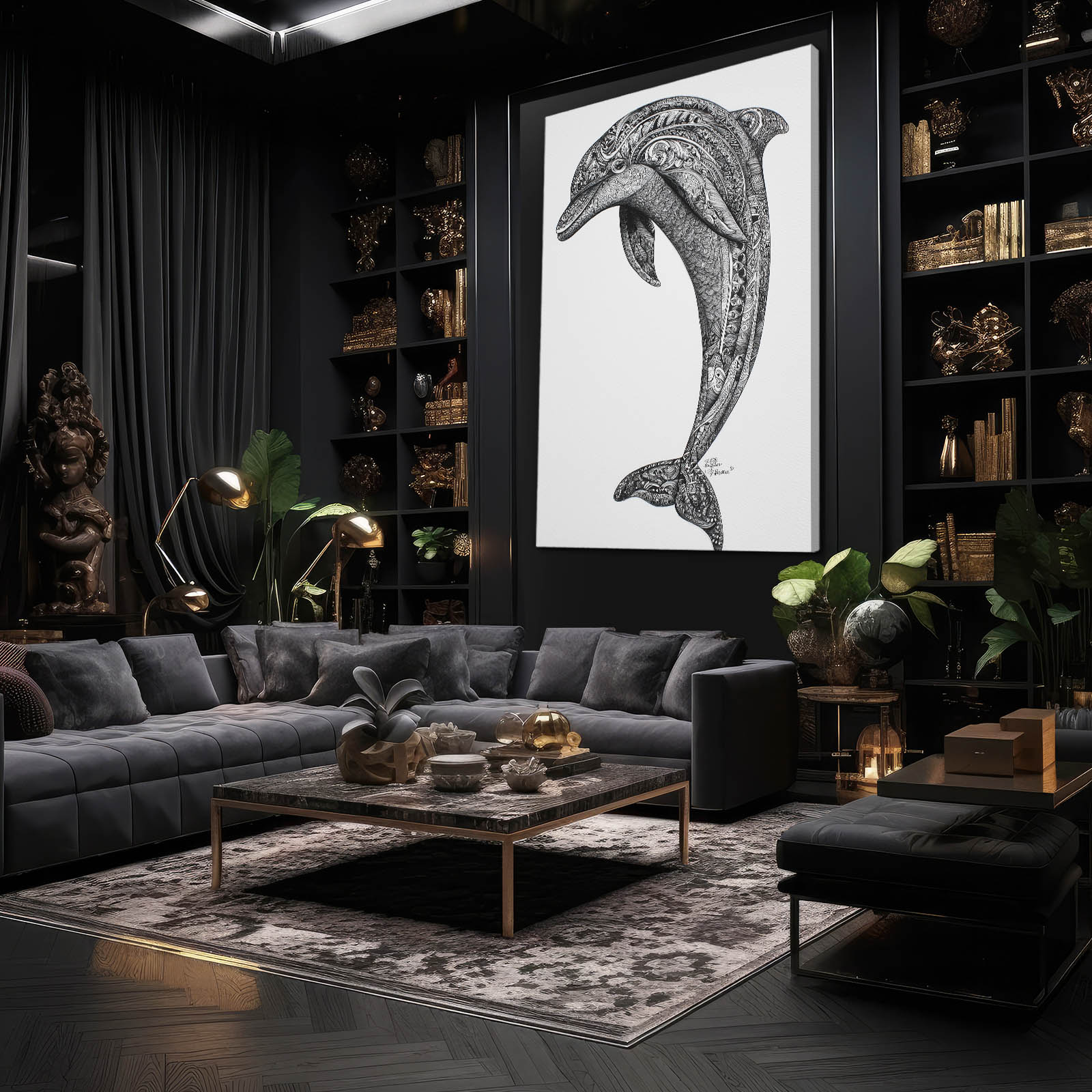 Zen Doodle Dolphin Wall Art – styled in a furnished interior